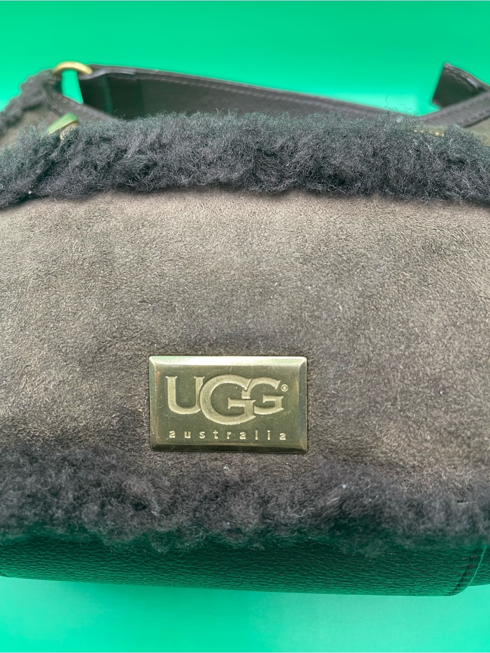 UGG Black Suede Shearling Shoulder Bag with Logo Plaque